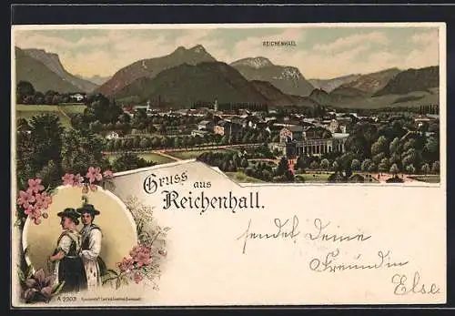 Lithographie Bad Reichenhall, Ortspanorama, Frauen in Trachten