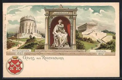 Lithographie Regensburg, Denkmal Ludwig I., Befreiungshalle, Walhalla, Wappen