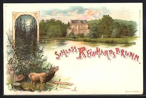 Lithographie Friedrichroda-Reinhardsbrunn, Schloss Rheinhardsbrunn, Waldpartie mit Hirsch