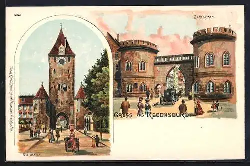 Lithographie Regensburg, Jakobsthor, Ostenthor, Kutsche, Kinder