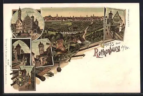 Lithographie Rothenburg / Tauber, Rathaus, Kobolzellerthor, Röderbogen, Klingenthor, Untere Schmiedgasse