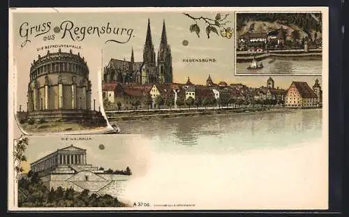 Lithographie Regensburg, Befreiungshalle, Walhalla, Ortsansicht