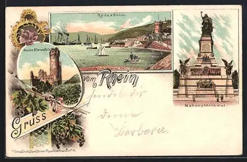 Lithographie Rüdesheim / Rhein, Ruine Ehrenfels, Nationaldenkmal