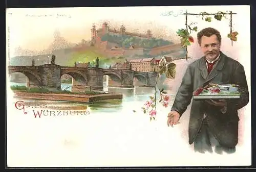 Lithographie Würzburg, Mainbrücke mit Festung, Mann mit Tablett