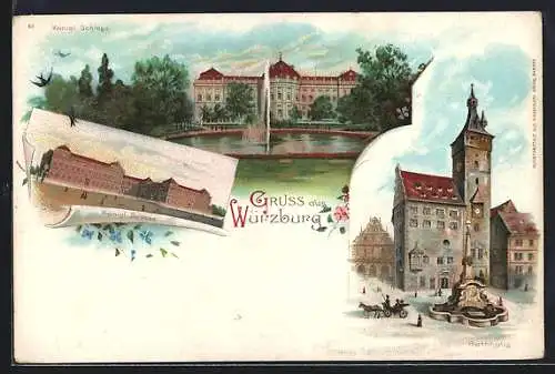 Lithographie Würzburg, Königliches Schloss und Fontäne, Rathaus