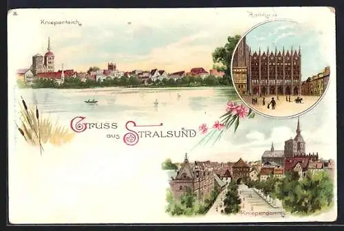 Lithographie Stralsund, Rathaus, Knieperteich und Knieperdamm