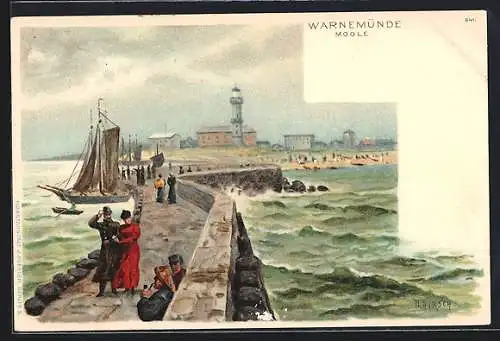 Lithographie Warnemünde, Blick auf die Mohle im Wind