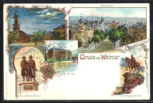 Lithographie Weimar / Thür., Schloss, Panoramaansicht, Carl August Denkmal