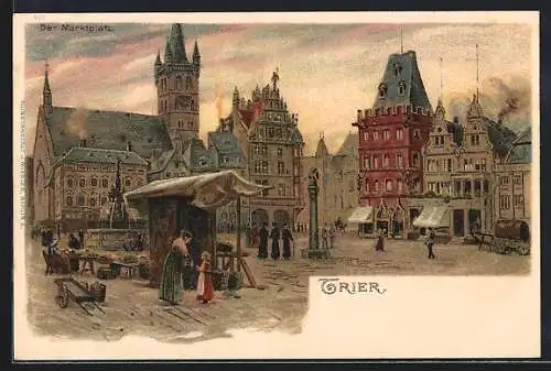 Lithographie Trier, Marktplatz mit Marktfrauen