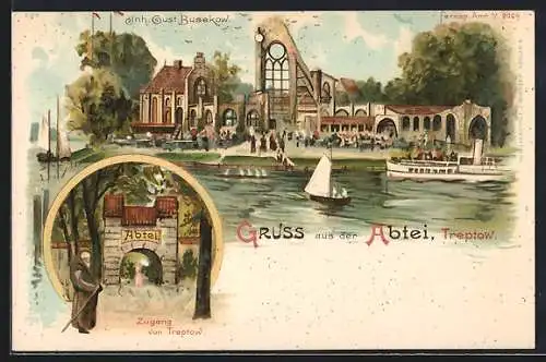 Lithographie Treptow, Gasthaus Abtei von Gust. Busekow