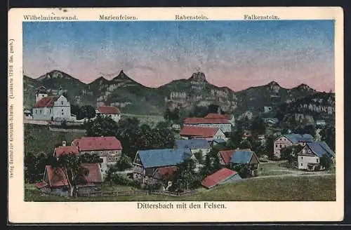 AK Dittersbach / Jetrichovice, Teilansicht mit Wilhelminenbad, Marienfelsen, Rabenstein und Falkenstein