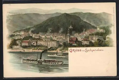 Lithographie Schandau, Gesamtansicht mit Elbdampfer