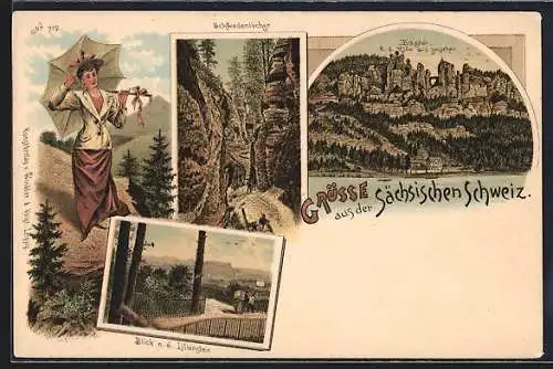 Lithographie Bastei, Schwedenlöcher, Bastei von der Elbe aus, Blick zum Lilienstein, Frau mit Schirm