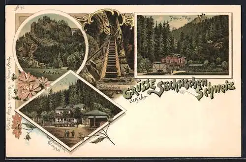 Lithographie Hohenstein / sächs. Schweiz, Gasthaus im Polenzthal, Wolfsschlucht