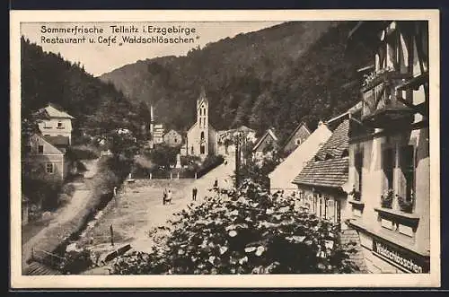 AK Tellnitz, Restaurant Waldschlösschen, Strassenpartie mit Kirche