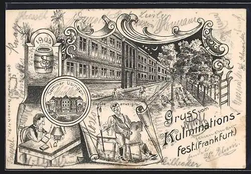 Lithographie Frankfurt a. M., Strassenpartie, Studenten, Seminar Usingen, Kulminationsfest 1903