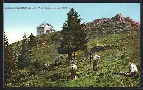 AK Mugelschutzhaus, Arbeiter auf dem Hang mit Blick zur Hütte