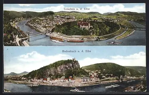 AK Tetschen-Bodenbach / Decin, Totale an der Elbe mit Brücken und Schiffen