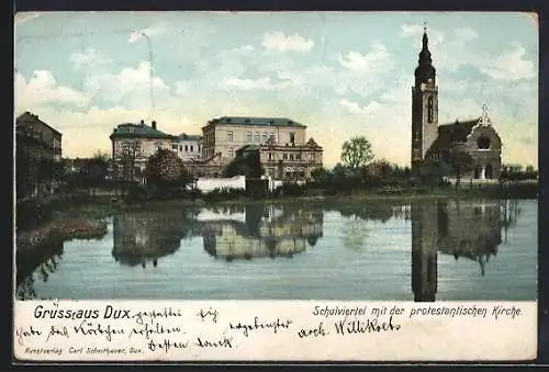 AK Dux-Duchcov, Schulviertel mit der protestantischen Kirche