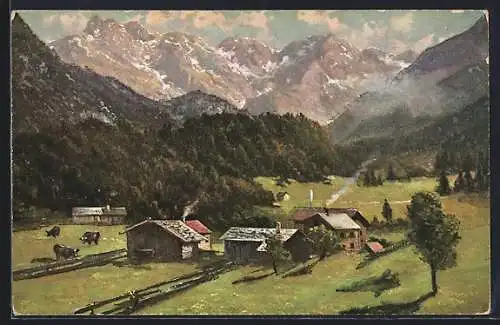 Künstler-AK Schwand / Oberstdorf, Blick ins Tal