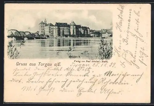 AK Torgau a. E., Uferpartie mit Brücke