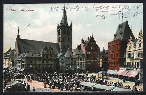 AK Trier, Hauptmarkt mit Rathaus und Strassenbahn