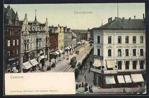 AK Hannover, Bahnhofstrasse mit Strassenbahn und Cafe Kasten