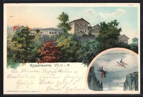 Lithographie Thale, Gasthaus Rosstrappe, Der Sprung über's Bodethal