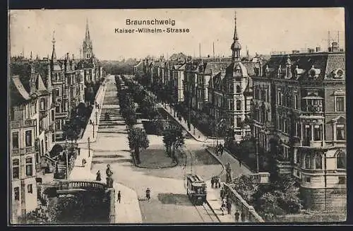 AK Braunschweig, Friedensallee mit Strassenbahn aus der Vogelschau