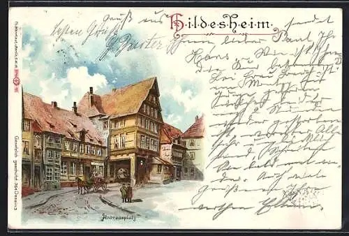 Lithographie Hildesheim, Strassenleben am Andreasplatz