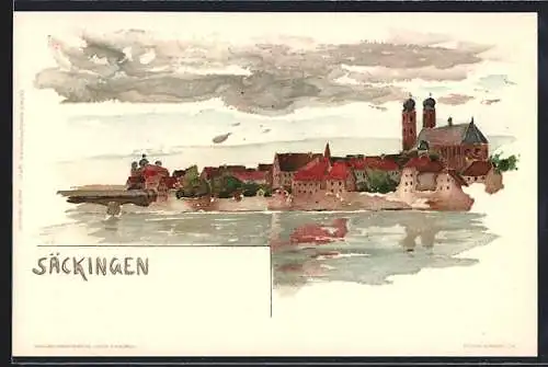 Künstler-Lithographie Fritz Voellmy: Bad Säckingen, Ortsansicht mit dem Münster vom anderen Rheinufer aus