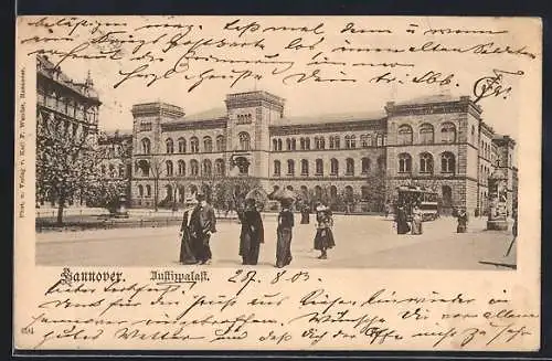 AK Hannover, Justizpalast mit Litfasssäule und Strassenbahn