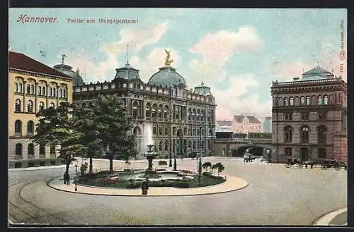 AK Hannover, Hauptpostamt mit Brunnen