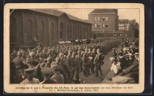 AK Hannover, Antreten der 2. und 3. Kompanie des Inf.-Regiments 74 auf dem Kasernenhofe vor dem Abrücken ins Feld 1914