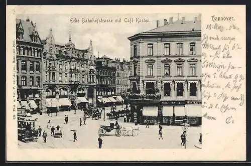 AK Hannover, Bahnhofstrasse mit Cafe Kasten und Strassenbahn