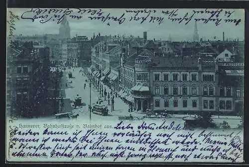 Mondschein-AK Hannover, Bahnhofstrasse mit Hotel du Rhin und Strassenbahn vom Bahnhof aus