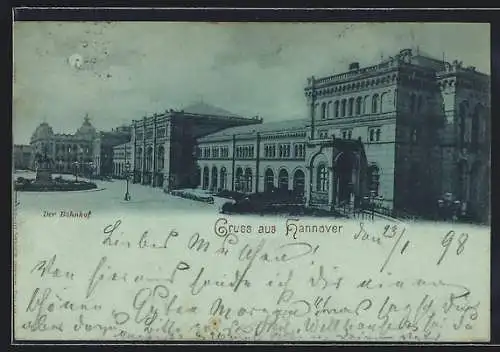 Mondschein-AK Hannover, Bahnhof mit Denkmal