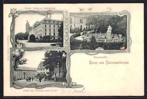 AK Donaueschingen, Hotel-Pension zum Lamm C. Dullenkopf, Fürstl. Palais u. Stadtkirche