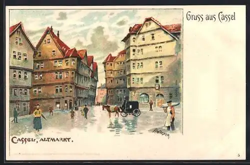 Lithographie Cassel, Altmarkt bei Regenwetter, Kutsche, Eistransport