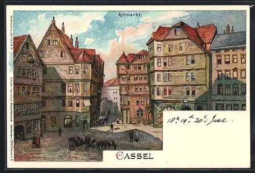 Künstler-AK Kassel, Altmarkt mit Pferdewagen