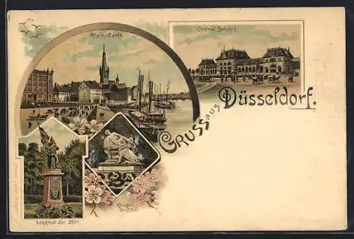 Lithographie Düsseldorf, Rhein-Werft, Central-Bahnhof