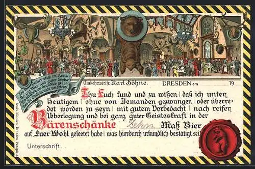 Lithographie Dresden, Gasthaus Bärenschänke, Innenansicht, Siegel