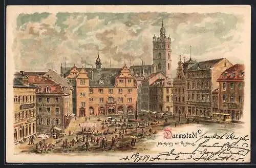 Lithographie Darmstadt, Blick auf den Marktplatz mit Verkaufsständen und Besuchern und auf das Rathaus