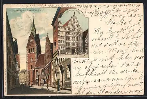 Lithographie Hannover, Marktkirche und altes Rathaus, Leibnitz-Haus