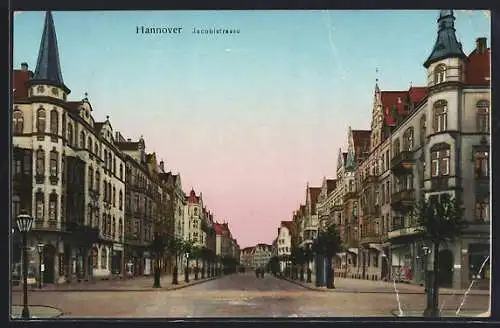 AK Hannover, Jacobistrasse mit leuchtenden Fenstern, Kreuzung