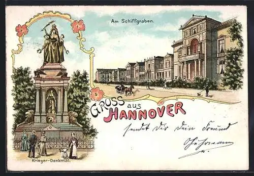 Lithographie Hannover, Kriegerdenkmal, Am Schiffgraben