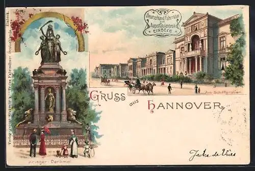 Lithographie Hannover, am Schiffgraben und Kriegerdenkmal