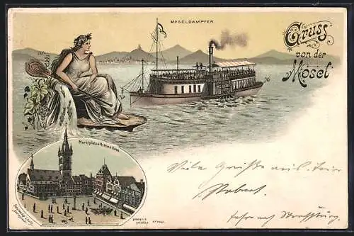 Lithographie Trier, Moseldampfer u. Marktplatz m. Rothes Haus
