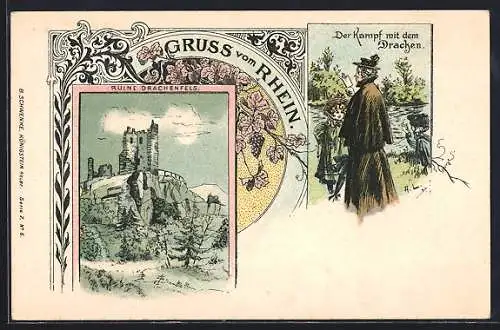 Lithographie Königswinter, Ruine Drachenfels, Der Kampf mit dem Drachen