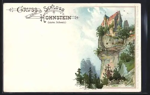 Lithographie Schloss Hohnstein /Sächsische Schweiz, Ortsansicht von unten